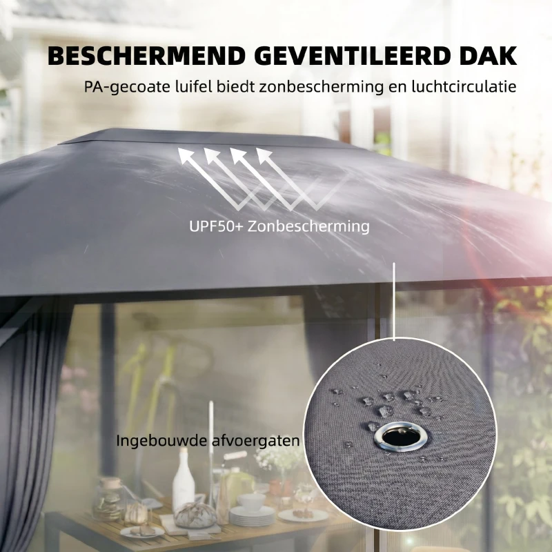 Outsunny Tuinpaviljoen ca. 4x3m waterafstotend stabiel winterbestendig met muskietennet, 4 zijwanden, ventilatie en afvoergaten