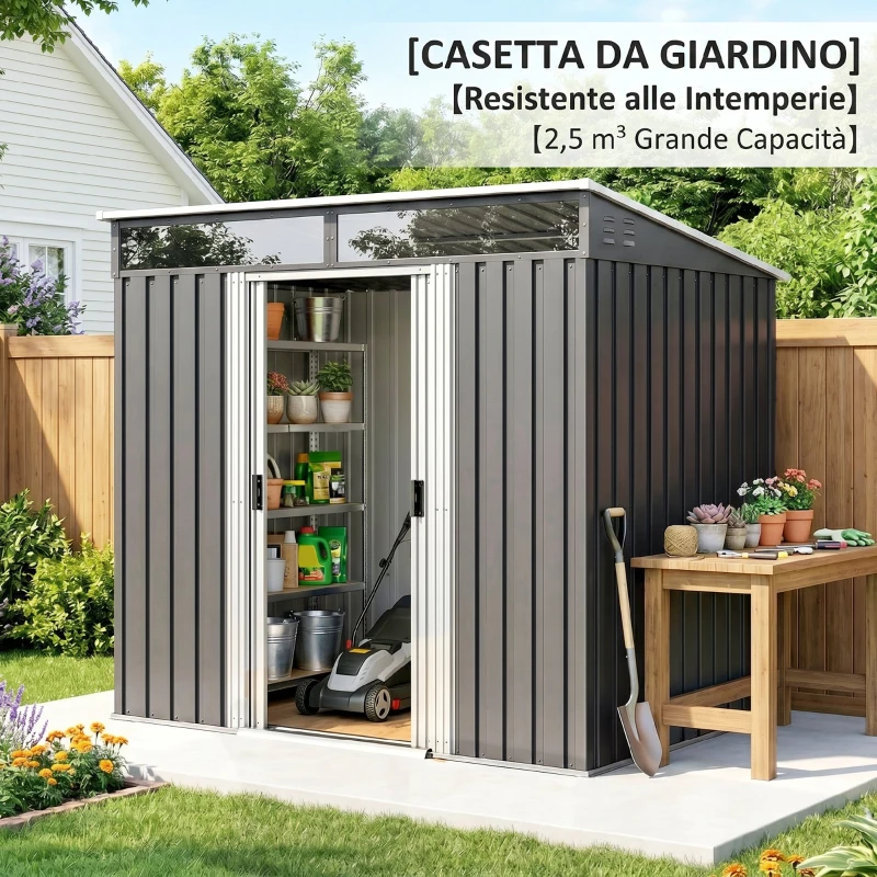 Outsunny Casetta da Giardino Porta Attrezzi con 4 Finestre e 2 Ganci, in Acciaio Zincato, 195x122x181.5 cm, Grigio