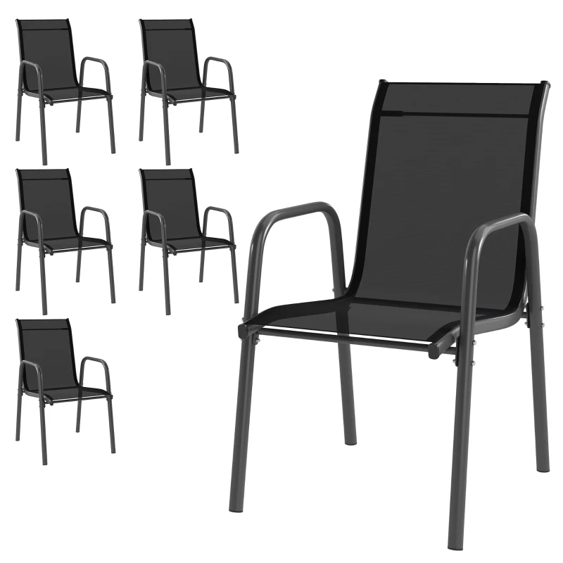 Outsunny Juego de 6 Sillas de Jardín Exterior Apilables con Reposabrazos Asiento y Respaldo de Malla Estructura de Metal Negro