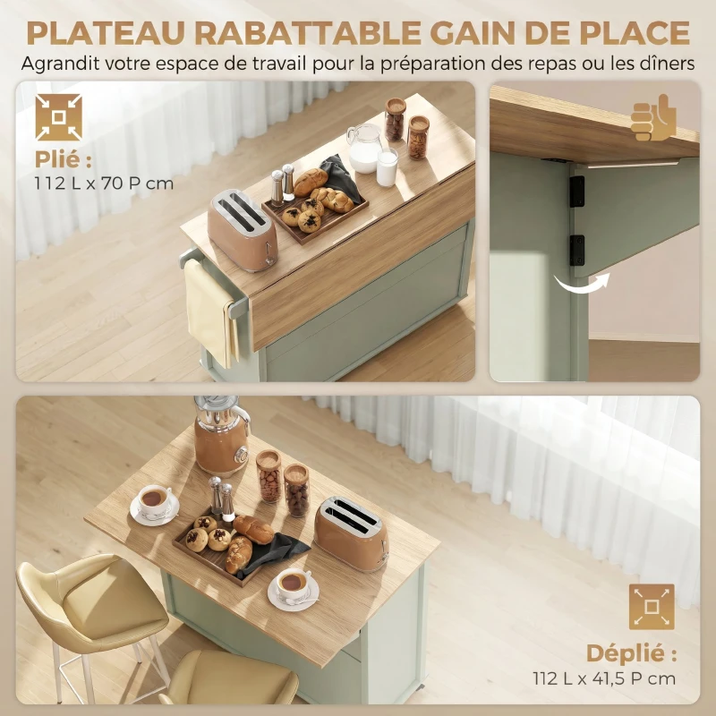 HOMCOM Îlot central cuisine avec plateau pliant, desserte de cuisine sur roulettes avec 2 tiroirs, porte-serviettes, vert