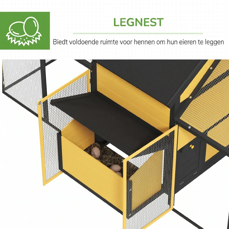 PawHut Kippenhok Kleindierenhok 2 Buitenrennen, 1 Legnest, 2 Hellingen, Asfaltdak, Weerbestendig, Geel