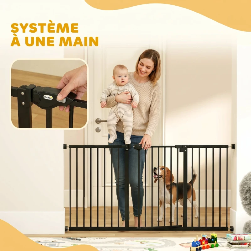PawHut Barrière de sécurité animaux porte fermeture automatique système de double verrouillage sans perçage 3 extensions noir(m-6)