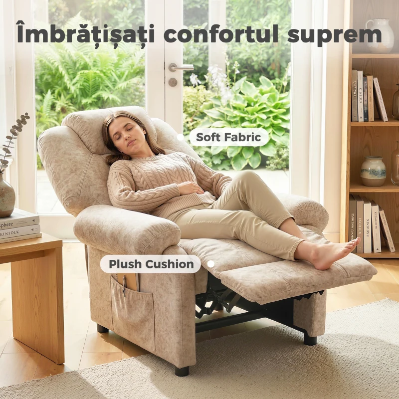 HOMCOM Fotoliu Relax Rabatabil Manual din Material Textil cu Suport pentru Picioare Extensibil și Buzunar Lateral, Bej