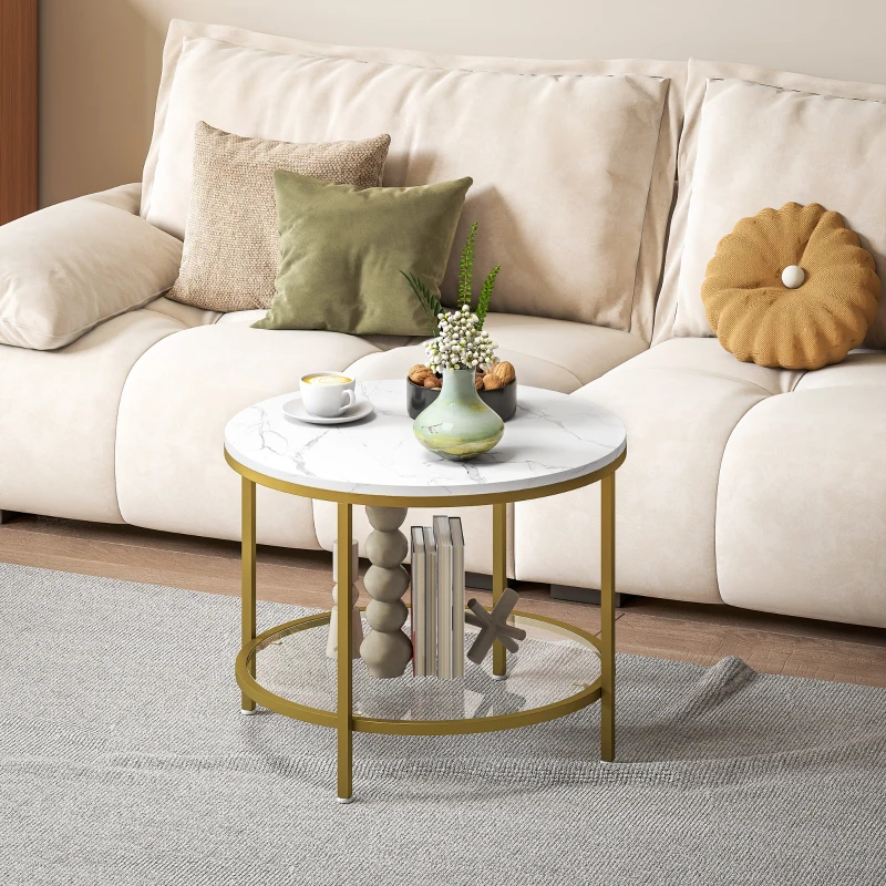 HOMCOM Table basse salon ronde moderne à 2 niveaux plateau effet marbre et étagère en verre trempé, Ø 60 x 45 cm, blanc et doré