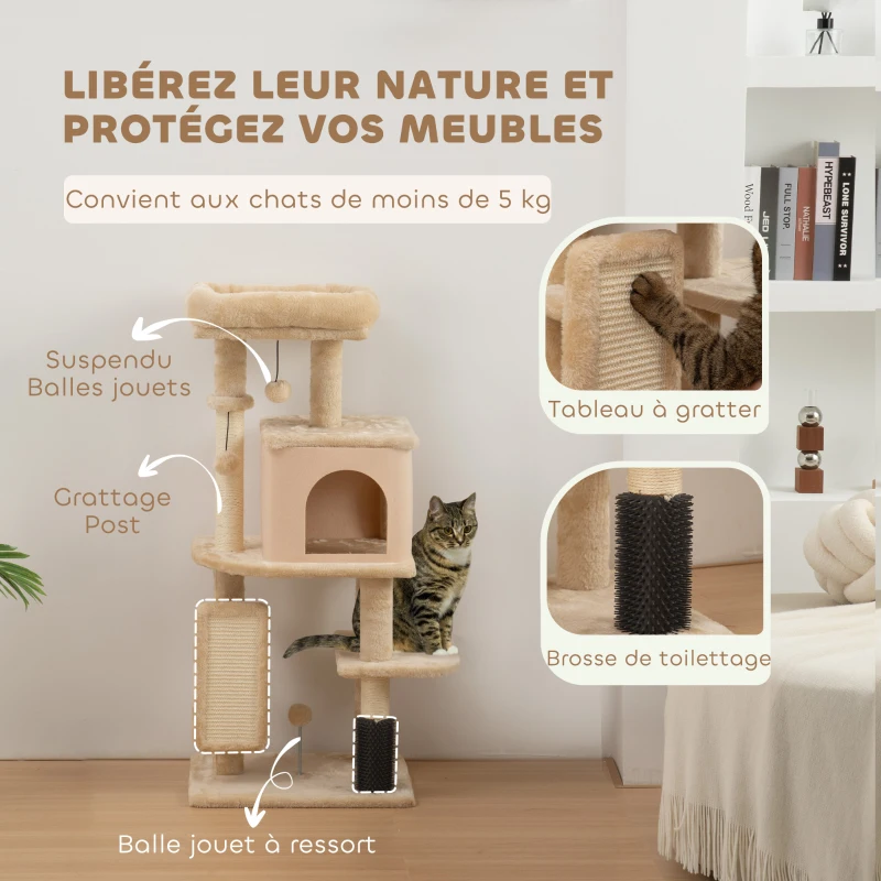 PawHut Arbre à Chat, Tour de Jeux, Hauteur de 104 cm, avec Lit, Maison, Brosse de Toilettage, 44l x 34P x 104H cm, Beige