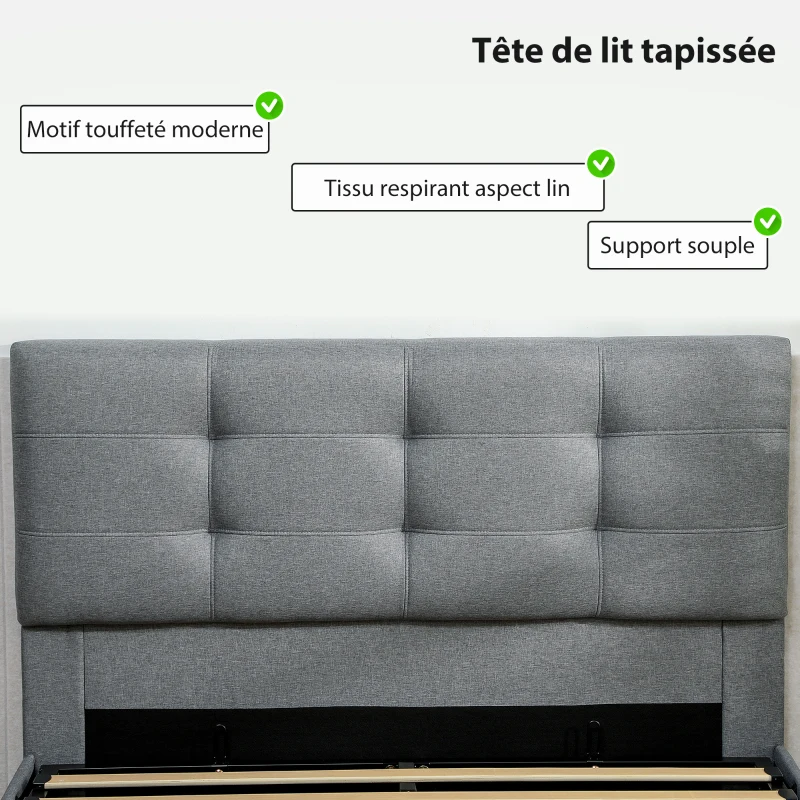 HOMCOM Lit coffre 140x190, cadre de lit double rembourré avec sommier à lattes en bois et rangement cach, sans matelas, gris