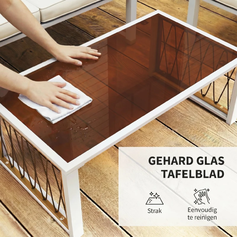 Outsunny Tuinmeubelset 4-delig polyrattan loungeset met tweezitsbank, 2 stoelen, glazen tafel, afneembare kussens en antislipmatten