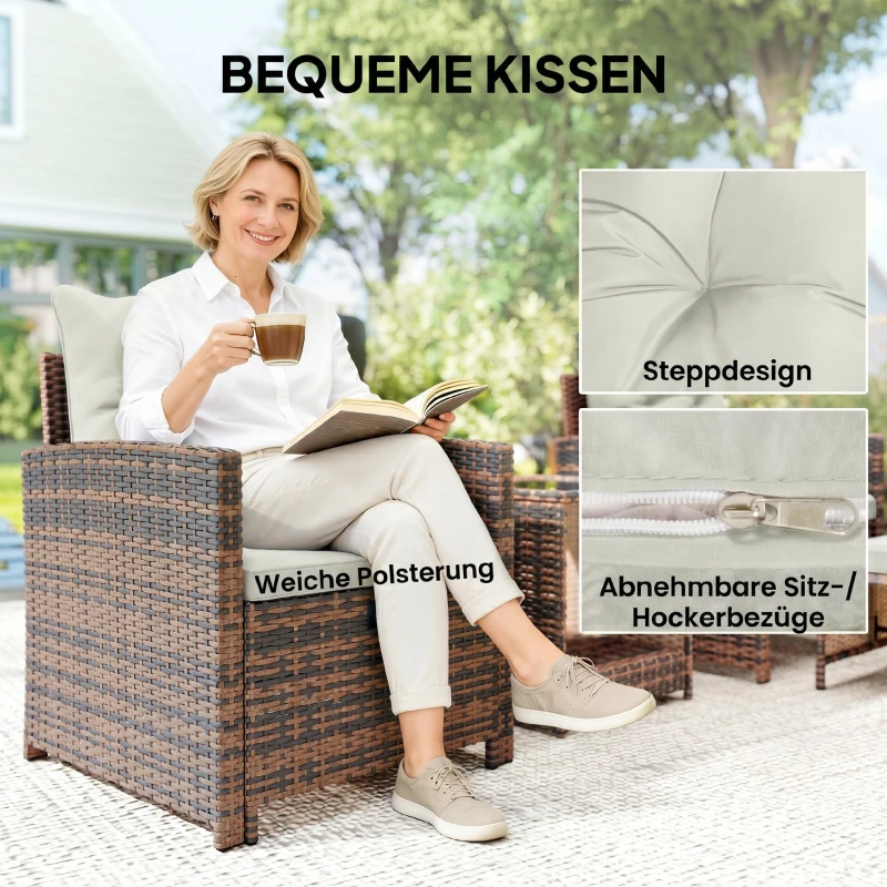 Outsunny Rattan Tuinmeubelset 5-delig Balkonmeubelset met 2 Stoelen, Kussens, Voetenbankjes, Tafel, Opbergruimte Crème