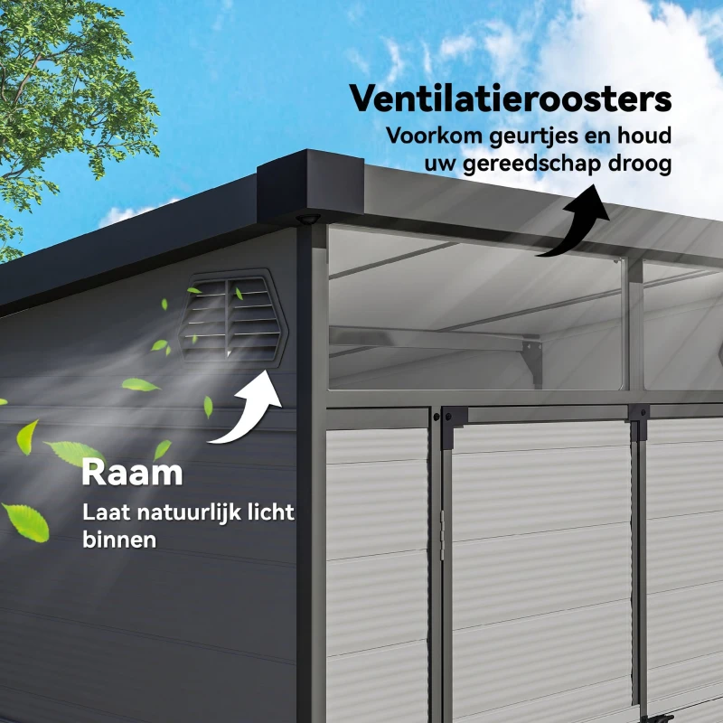 Outsunny 1,9 x 1,9 m Tuinschuur, Opslagschuur uit Kunststof, met Afsluitbare Deuren, 2 Ventilatieopeningen, Lichtgrijs