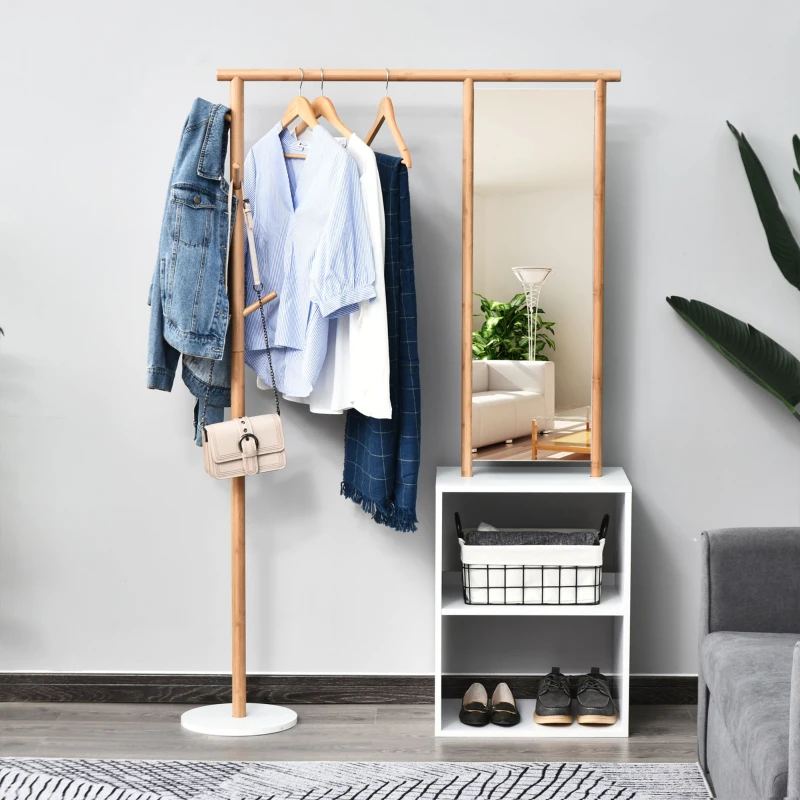 HOMCOM Porte-manteaux meuble d'entrée vestiaire penderie avec miroir 4 patères 2 niches dim. 100L x 34l x 164H cm MDF blanc bois massif bambou