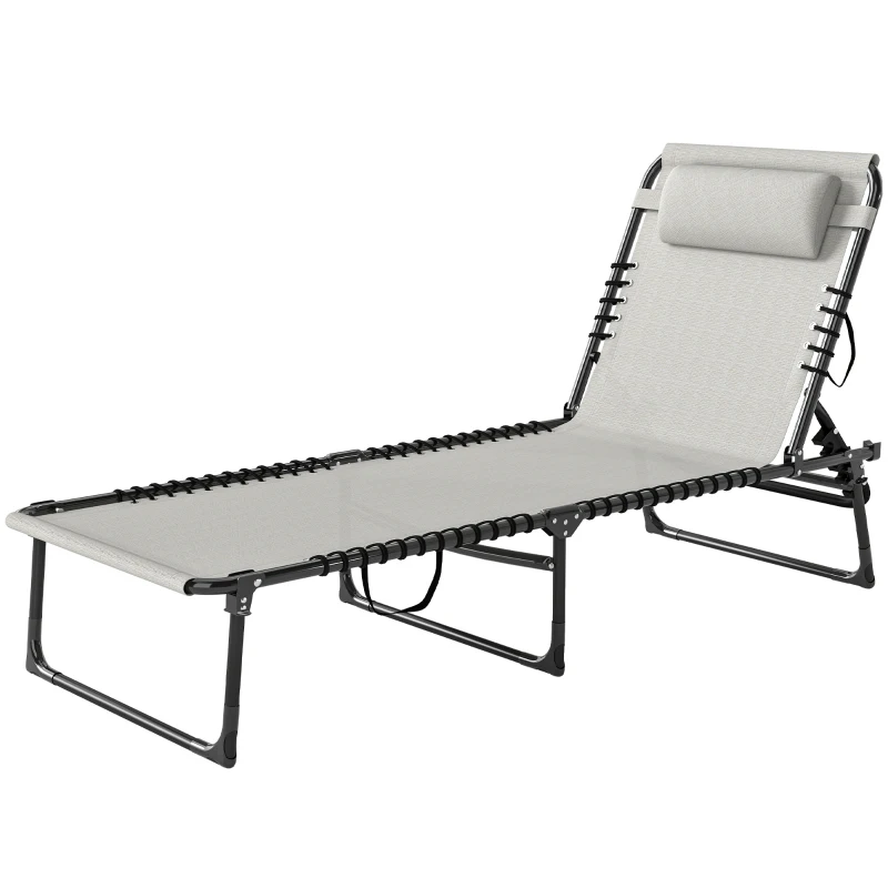 Outsunny Foldable Sun Lounger, Outdoor 4 Level Adjustable Backrest Reclining Chaise Chair, Steel Frame Recliner Chair for Camping, Hiking, Cream White