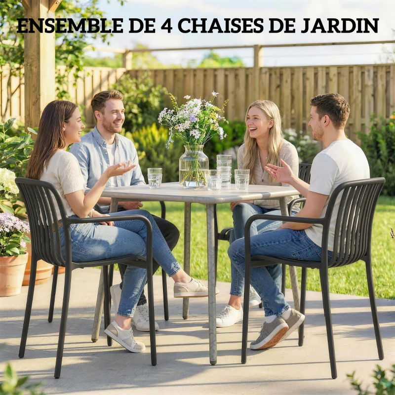 Outsunny Lot de 4 Chaises de Jardin Empilables avec Dossier Incurvé et Accoudoirs, pour Piscine Terrasse, 55x58,5x81,5cm, Noir
