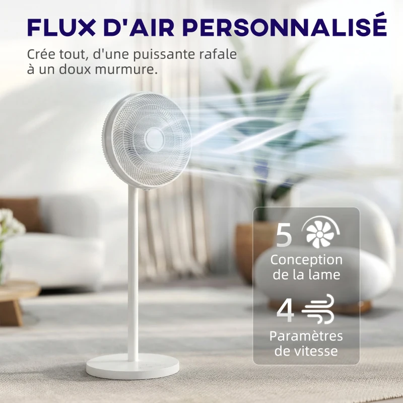 HOMCOM Ventilateur sur pied, ventilateur silencieux avec oscillation à 80°, hauteur réglables, 4 vitesses, minuterie 10H, blanc