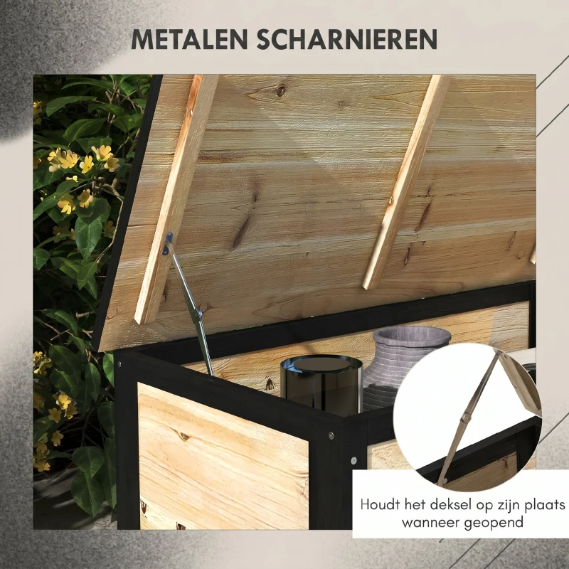 Outsunny Tuinopbergbox, 121 liter, 2 wielen, weerbestendig, metalen frame, natuurlijk hout, 100x50x43 cm