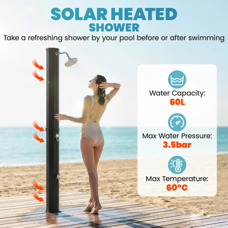 Outsunny Solarna prysznic ogrodowa 60L z obrotową głowicą deszczową, kranem i regulacją temperatury