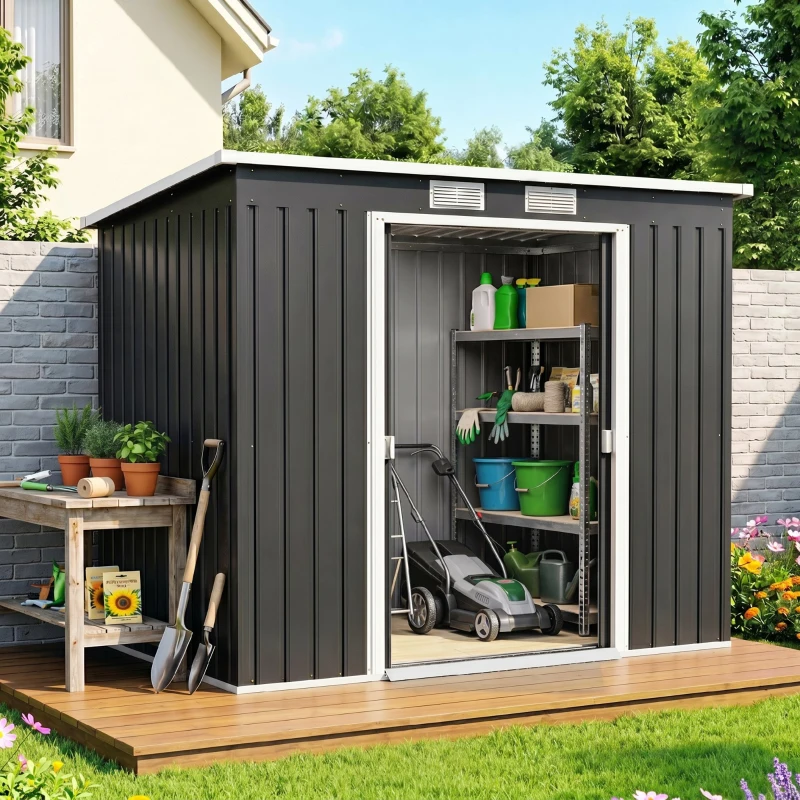 Outsunny Abri de jardin 2,77 m² 213 x 130 x 172 cm kit de fondation porte coulissante ventilations acier galvanisé gris foncé