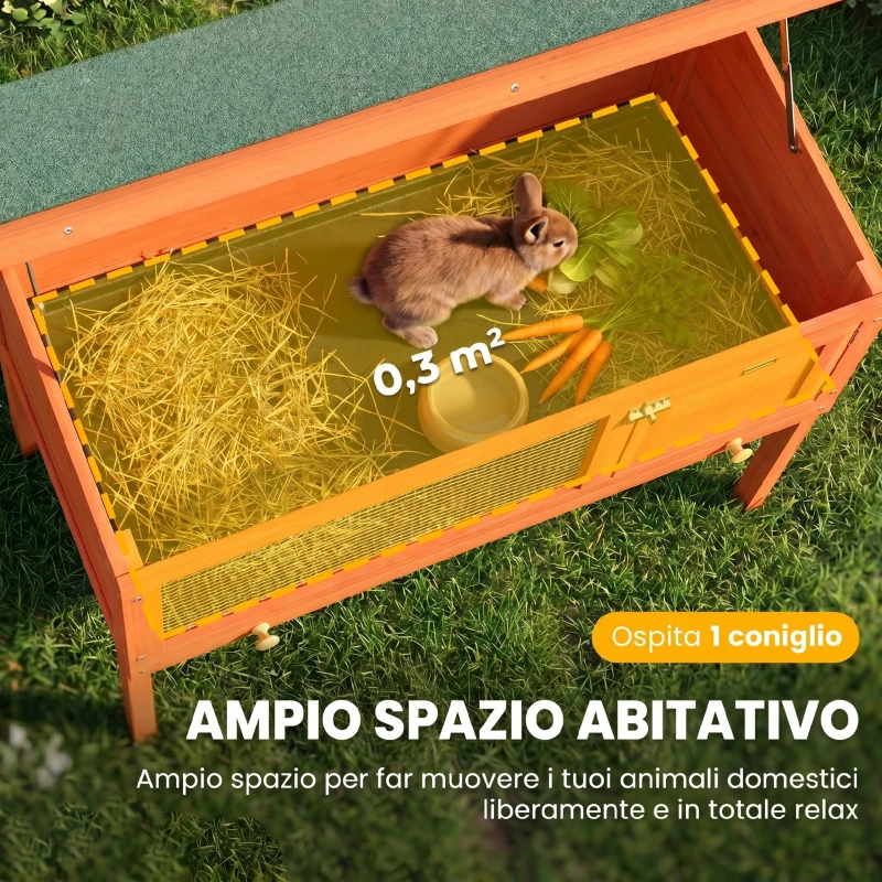 PawHut Conigliera da Esterno in Legno di Pino con Vassoio Estraibile, Tetto Apribile e Porta con Serratura, Arancione