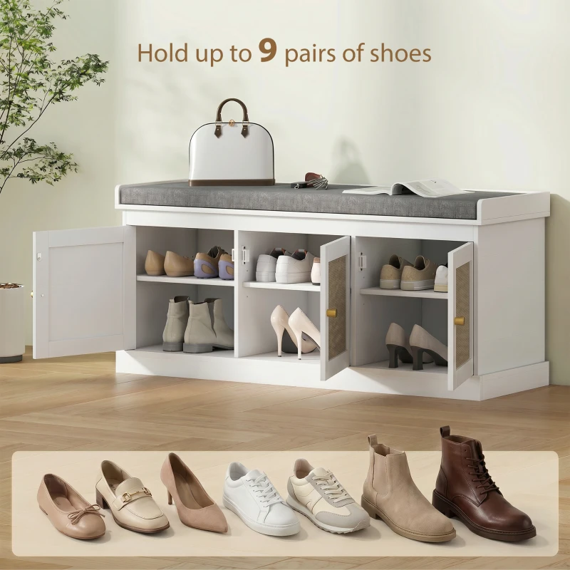 HOMCOM Shoe Storage Bench with Woven Rattan Doors, Seat - White