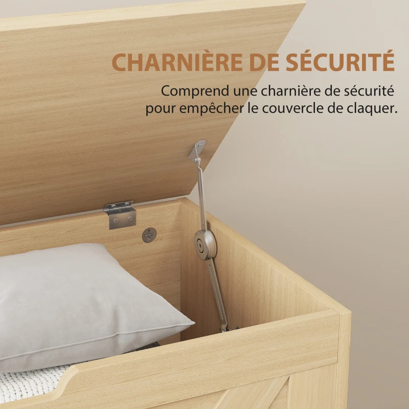 HOMCOM Coffre de rangement, banc de rangement avec couvercle rabattable et charnières de sécurité, 80 x 40 x 45 cm, bois naturel