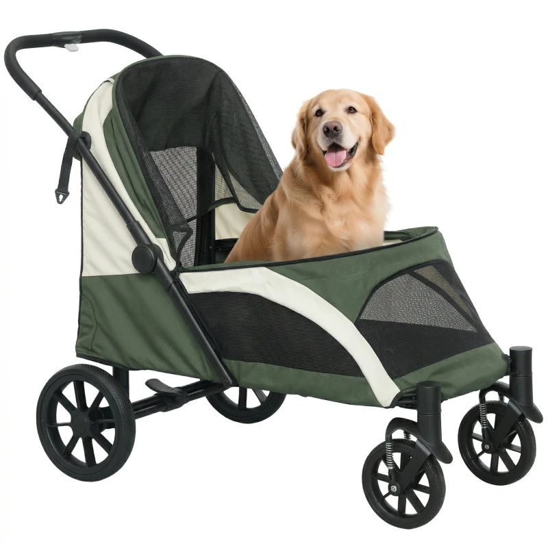PawHut Foldable Pet Stroller for Large Dogs with Four Big Wheels, Shock-Absorbing Frame, Safety Leashes, Brakes, Dark Green