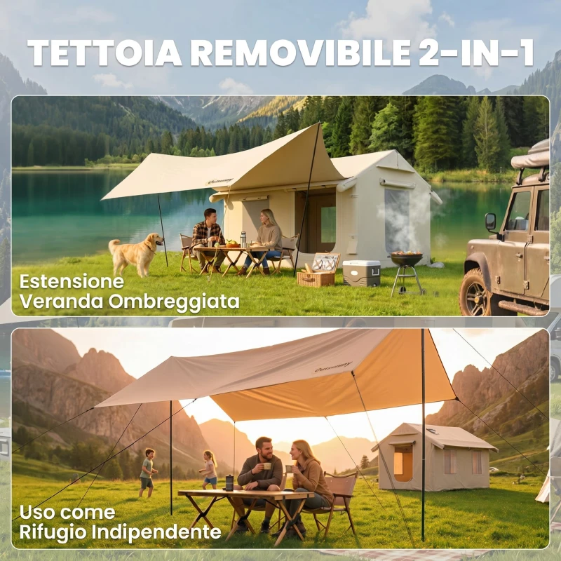Outsunny Tenda da Campeggio Gonfiabile con Pompa, Impermeabile 3000mm e Antivento, Cachi