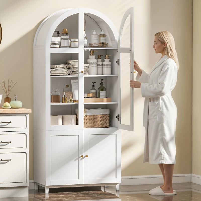 HOMCOM Armoire de cuisine, vaisselier vitrine avec 4 portes dont 2 en acrylique et étagères réglables, 78 x 40 x 180 cm, blanc