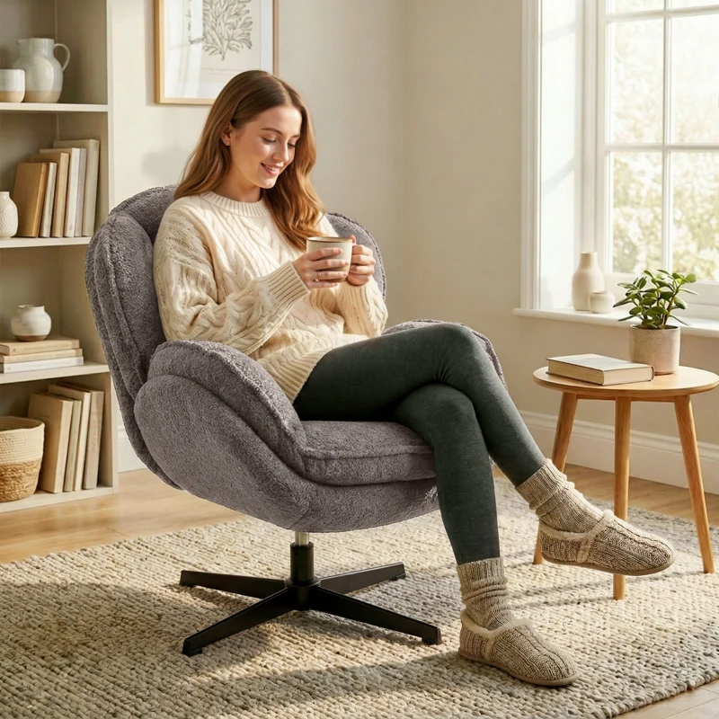 HOMCOM Moderner Wingback-Sessel, Samt-Armlehnsessel mit Vier-Sterne-Basis, S-Federn, 360° Drehfunktion, Grau
