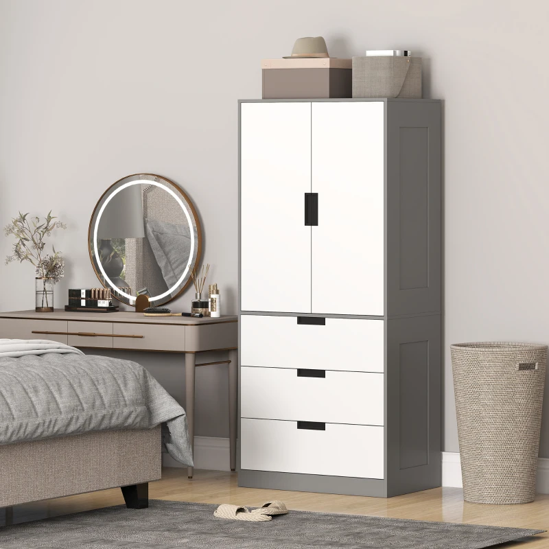 HOMCOM Armoire chambre penderie avec 2 portes à fermeture douce, 3 tiroirs et barre de suspension, 80x50x180cm, gris et blanc