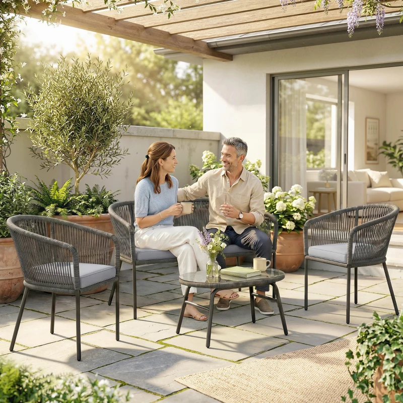 Outsunny 4 Piece Garden Furniture Set, Rope Garden Sofa Set with 1 Loveseat 2 Chairs Tempered Glass Table Cushions, Dark Grey