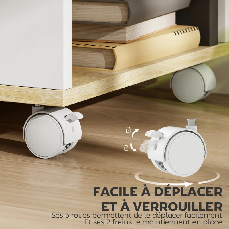 HOMCOM Meuble TV avec roulettes 120 cm, meuble télé pour téléviseur jusqu'à 55 pouces, 2 étagères ouvertes, blanc et naturel