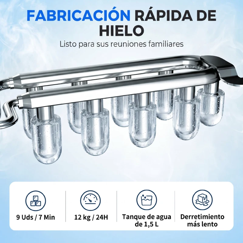 HOMCOM Máquina de Hielo Autolimpiable 12 kg/24H 9 Cubitos Listos en 7 Minutos 2 Tamaños de Hielo 1,5L Depósito Blanco