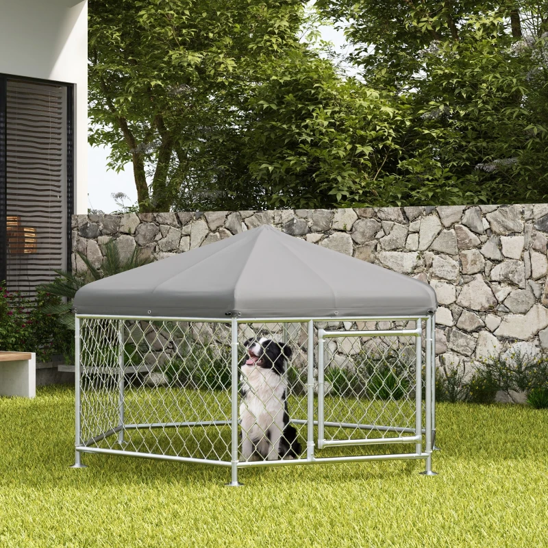 PawHut Chenil d'extérieur pour chiens enclos avec auvent et porte verrouillable en acier grillagé 210 x 185 x 120 cm argent