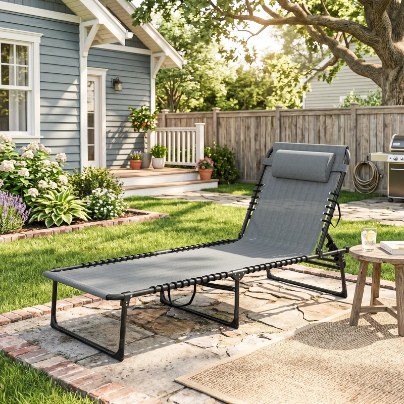 Outsunny Bain de Soleil transat Pliable Dossier inclinable Multi-Positions Acier thermoplastique Lacets élastiques Noir textilène Gris