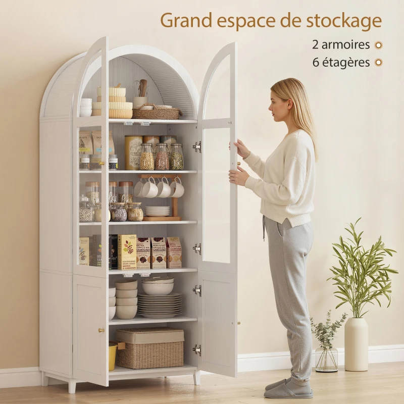 HOMCOM Armoire de cuisine, vaisselier vitrine avec 4 portes dont 2 en acrylique et étagères réglables, 78 x 40 x 180 cm, blanc