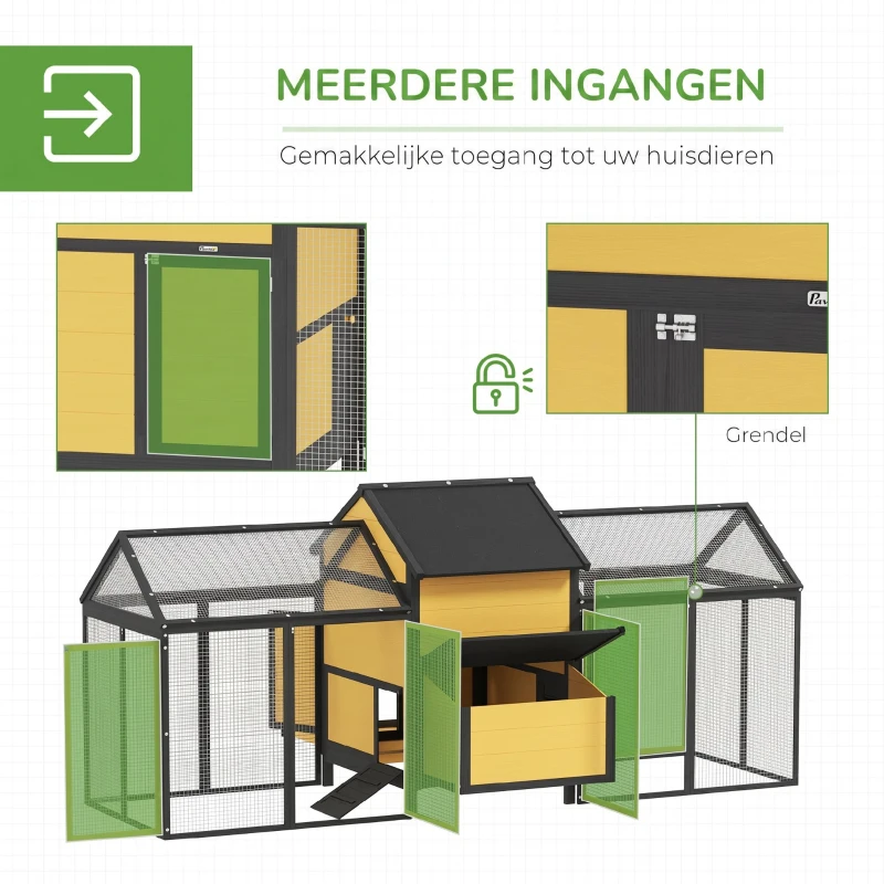 PawHut Kippenhok Kleindierenhok 2 Buitenrennen, 1 Legnest, 2 Hellingen, Asfaltdak, Weerbestendig, Geel