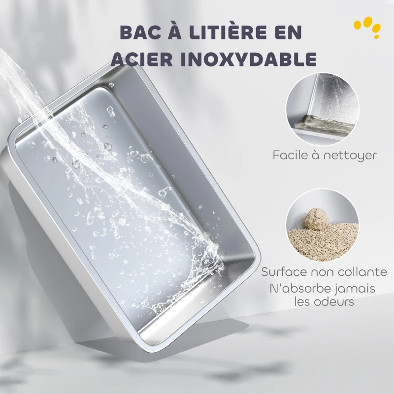 PawHut Bac à Litière XL en Acier Inoxydable, Parois Latérales Hautes, Pédale et Tapis Filtrants, Pelle, 60,2x40,2x29,6cm, Gris
