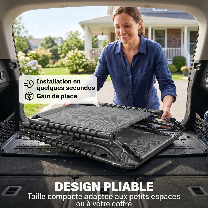 Outsunny Bain de Soleil transat Pliable Dossier inclinable Multi-Positions Acier thermoplastique Lacets élastiques Noir textilène Gris