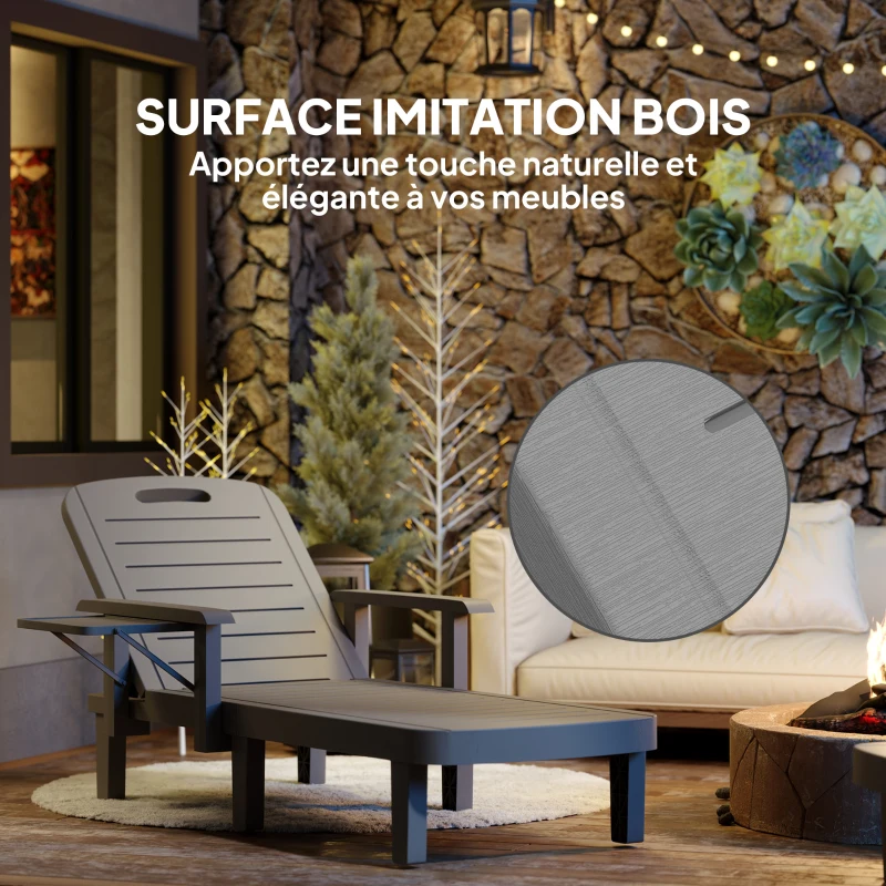 Outsunny Lot de 2 bains de soleil, chaise longue avec dossier inclinable et tablettes pliables, 79x158x88cm, gris foncé