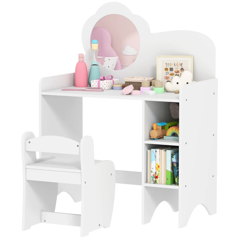 AIYAPLAY Kids Dressing Table with Mirror, Stool, Kids Vanity Table with Shelves, for Ages 3-8 Years, White