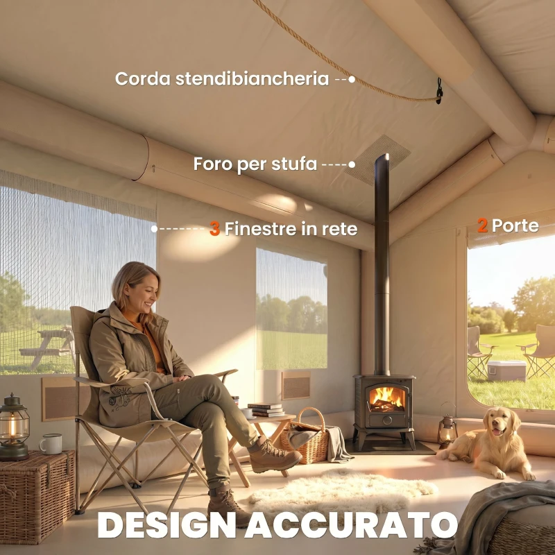 Outsunny Tenda da Campeggio Gonfiabile con Pompa, Impermeabile 3000mm e Antivento, Cachi