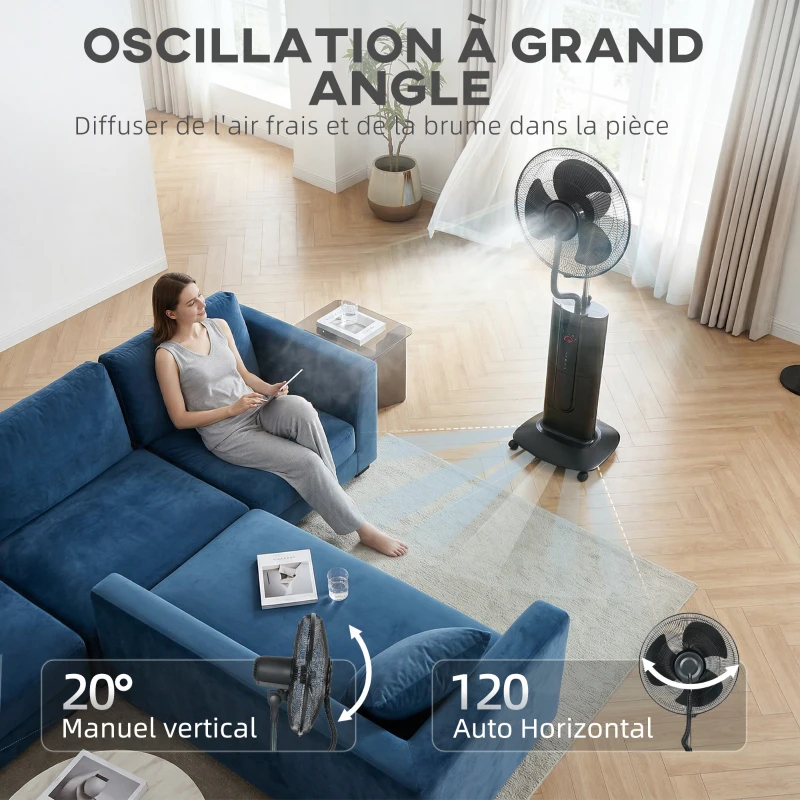 HOMCOM Ventilateur brumisateur 100 W à ionisation négative, ventilateur sur pied 130 cm, 3 vitesses, 3 modes, minuterie, noir
