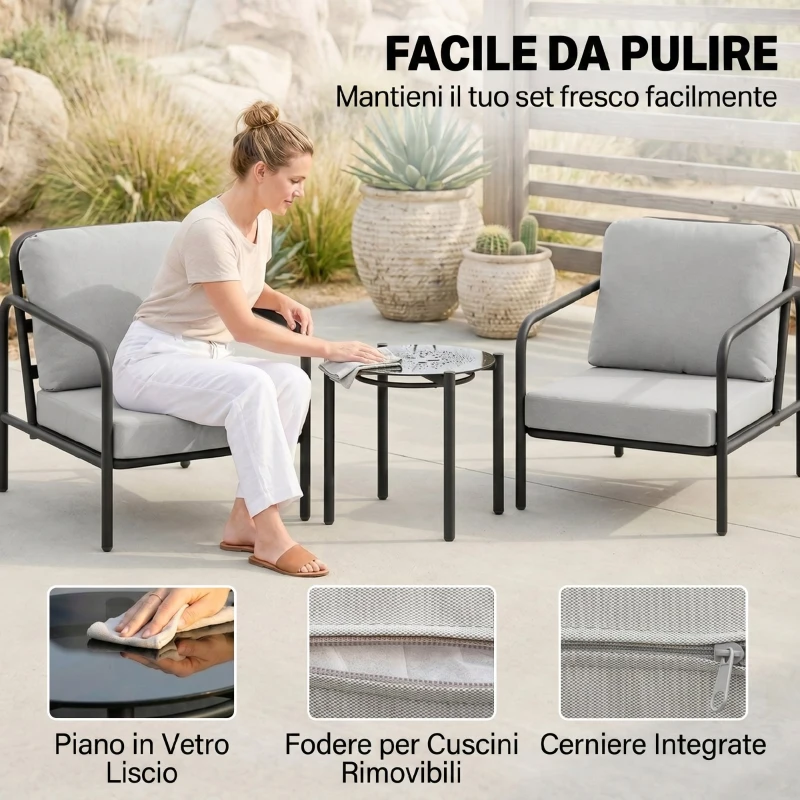 Outsunny Set da Giardino 3 Pezzi in Acciaio con 2 Sedie con Cuscini e Tavolino in Vetro Temperato, Nero