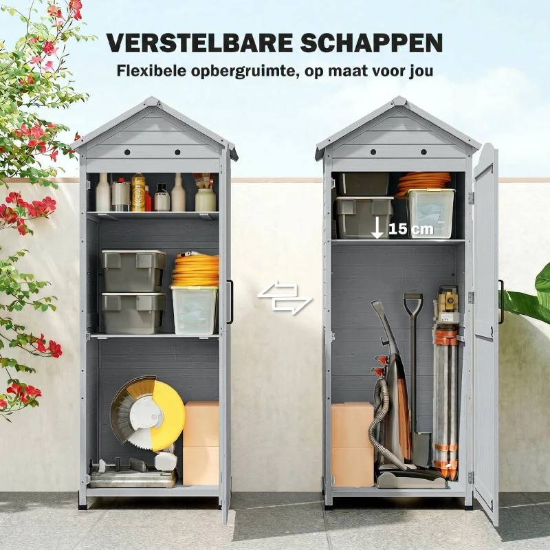Outsunny Houten Tuinkast Extra Hoge Gereedschapskast met Verstelbare Planken, Magnetische Deur en Gegalvaniseerd Dak