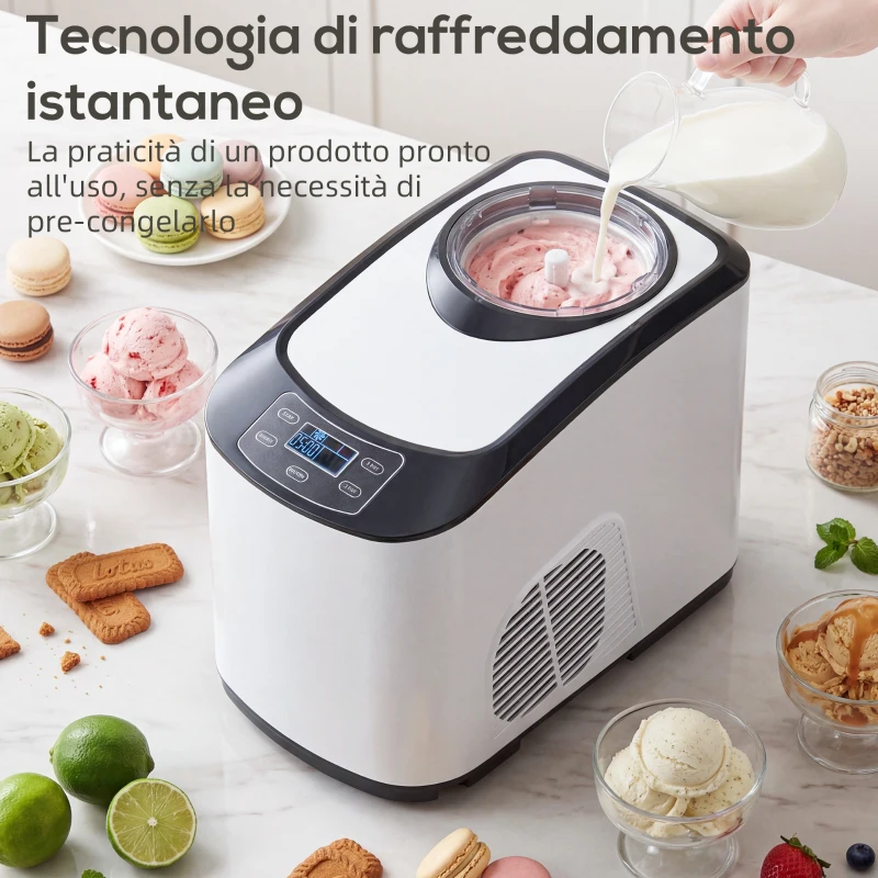HOMCOM Gelatiera con Compressore Integrato 1.5L, Modalità Morbida e Dura, Funzione Auto-Mantenimento al Freddo, Bianca