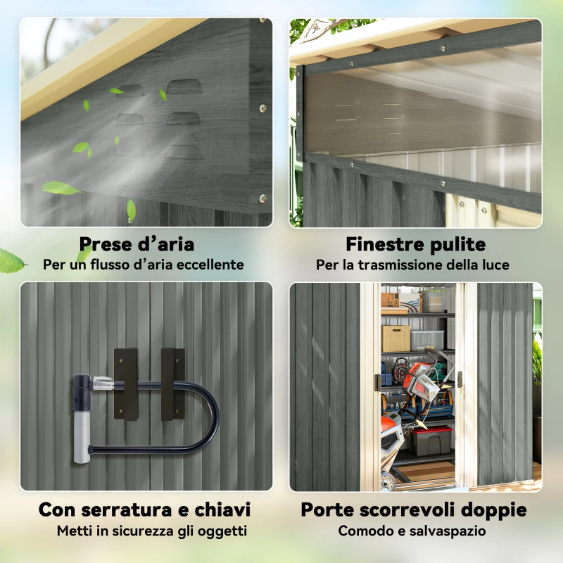 Outsunny Casetta da Giardino con Porte Scorrevoli e Pavimentazione in Acciaio, 195x122x181.5 cm, Grigio Chiaro