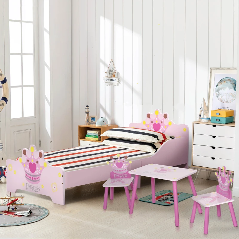 HOMCOM Lit Enfant et Ensemble table et chaises enfant - Design Princesse Motif Couronne - sommier à Lattes Inclus - Rose