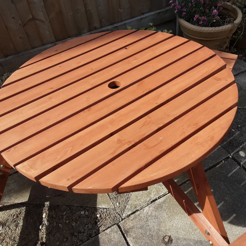 Outsunny Wooden Garden Dining Set, 6 Seater Round Dining Picnic Table with Matching Bench, Garden Furniture Set with Parasol Hole for Outdoor Patio Party and Family Gatherings, Brownish Red