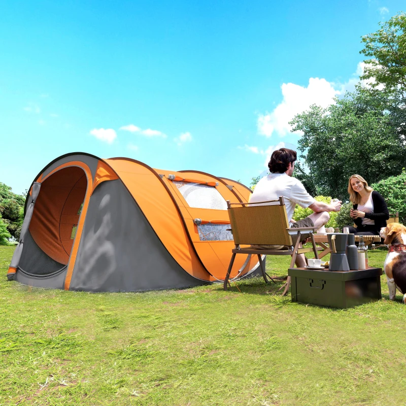 Outsunny Tenda da Campeggio Pop Up 2 Posti con 2 Porte, 4 Finestre e Telo Impermeabile, 263.5x220x123 cm, Arancione
