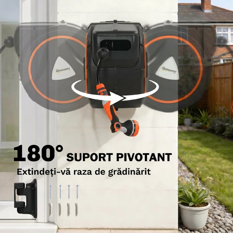 Outsunny furtun retractabil, suport furtun, role pentru furtun