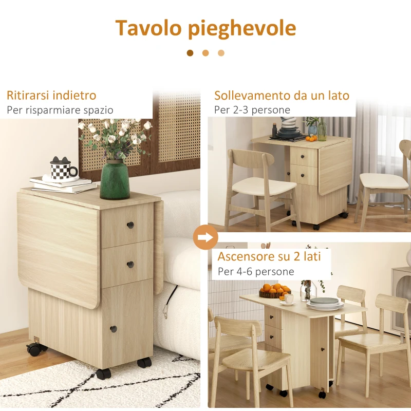HOMCOM Tavolo Pieghevole con 2 Cassetti e Armadietto, 6 Rotelle e Freni, 120x60x76.5 cm, Color Legno